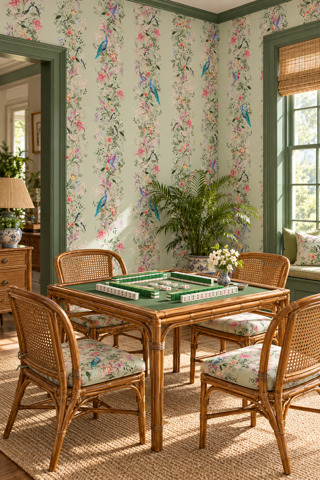 luxury mahjong game room featuring Hand-painted Mahjong Garden Stripe wallpaper featuring watercolor chinoiserie florals, peacocks, birds, bamboo, and botanical stripes on a soft green background