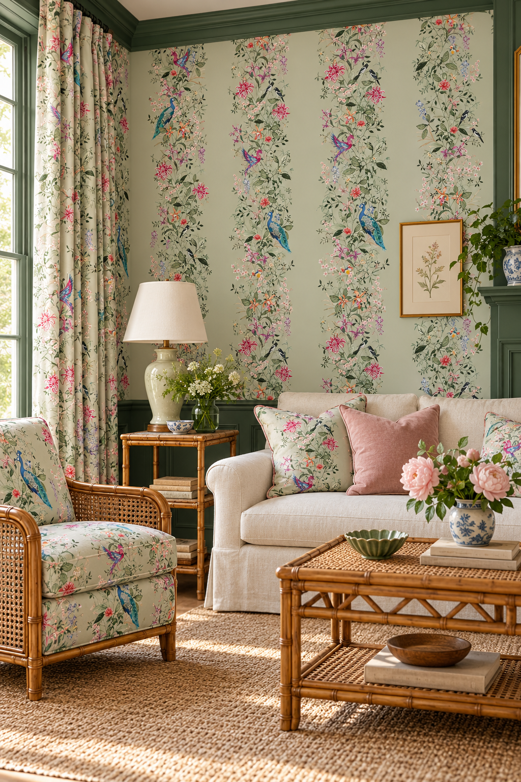 luxury living room with natural grasscloth wallpaper featuring hand-painted Mahjong Garden Stripe with chinoiserie florals, peacocks, birds, bamboo, and botanical watercolor artwork.