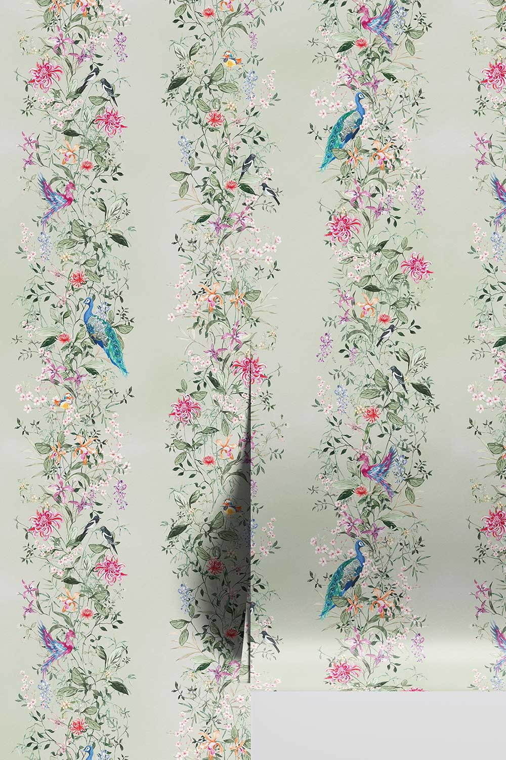 Natural grasscloth wallpaper featuring hand-painted Mahjong Garden Stripe with chinoiserie florals, peacocks, birds, bamboo, and botanical watercolor artwork.