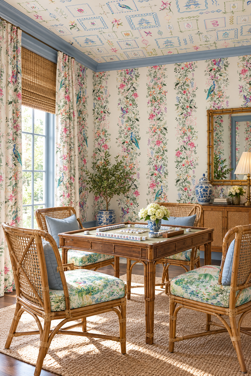 luxury mahjong game room featuring Hand-painted Mahjong Garden Stripe wallpaper featuring watercolor chinoiserie florals, peacocks, birds, bamboo, and botanical stripes on an off-white background.
