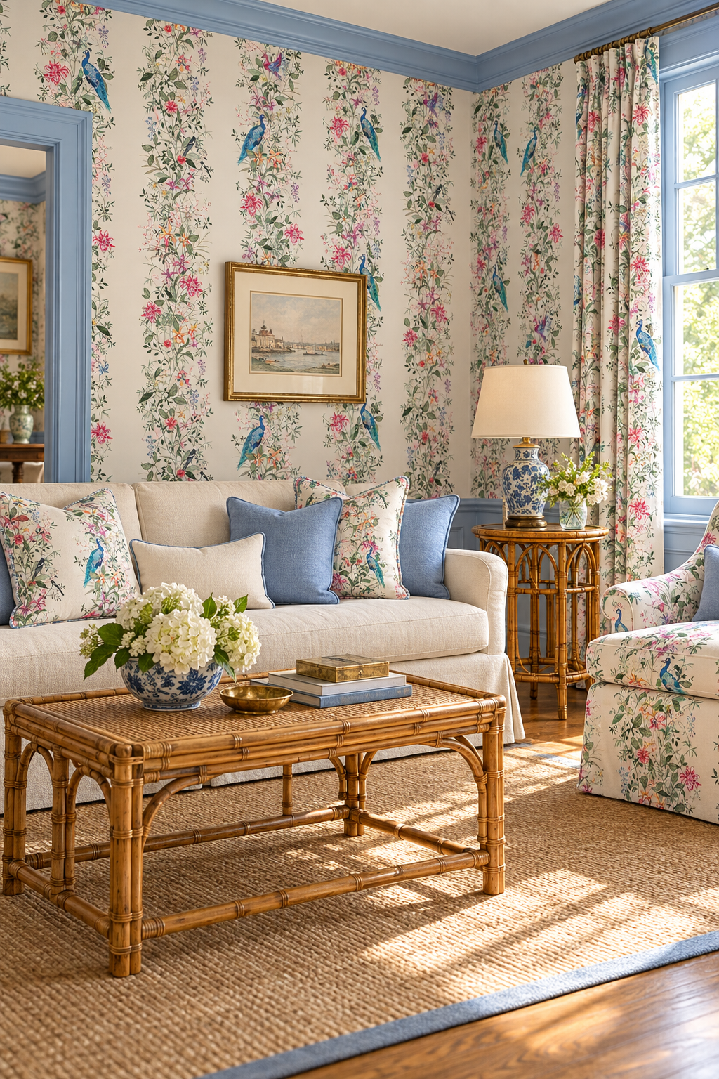 luxury traditional living room featuring Natural grasscloth wallpaper featuring hand-painted Mahjong Garden Stripe with chinoiserie florals, peacocks, birds, bamboo, and botanical watercolor artwork.