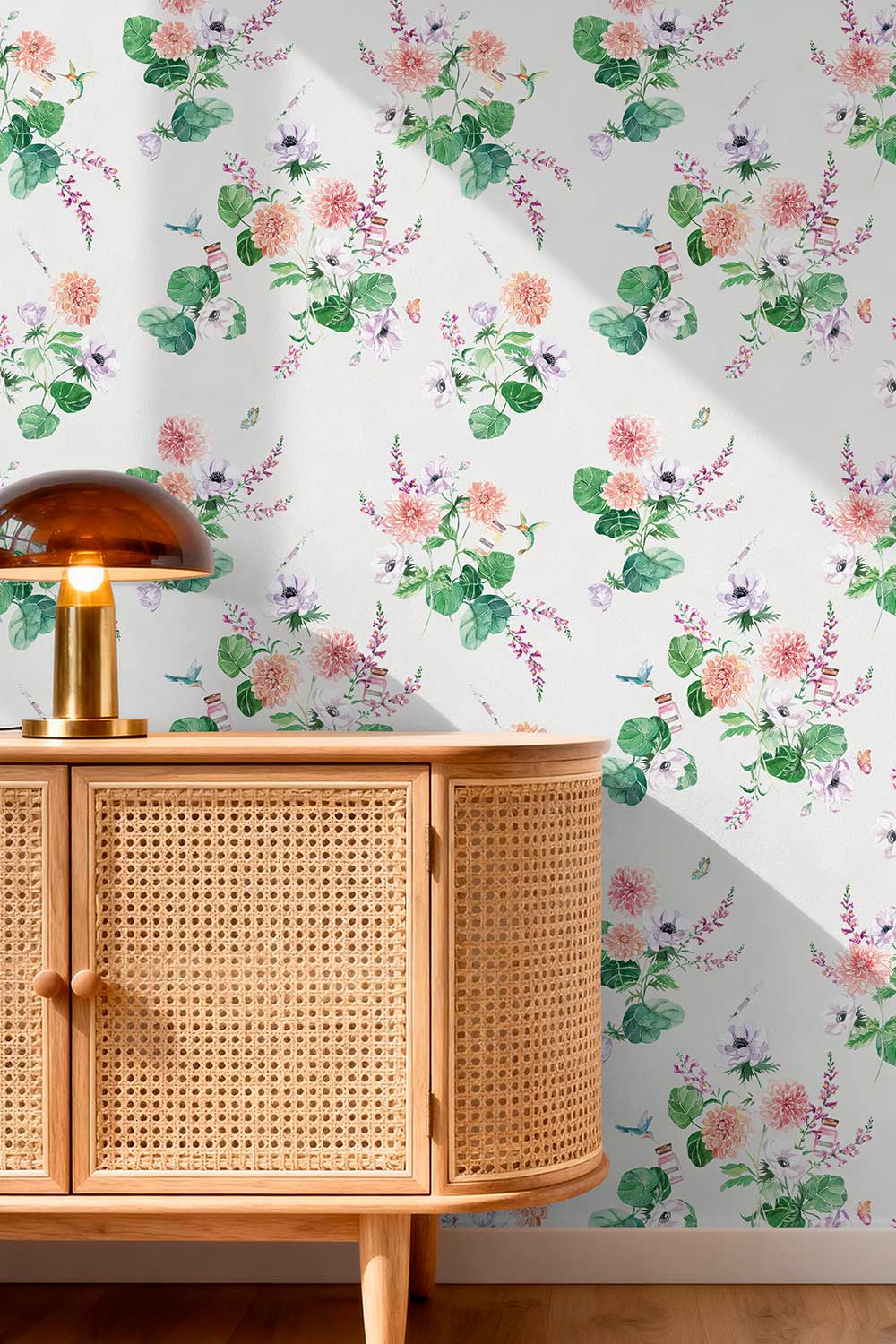Walltox botanical peel and stick wallpaper featuring watercolor dahlias, anemones, tropical green leaves, hummingbirds, butterflies and playful Botox bottles featured in this plastic surgeon's doctors office.