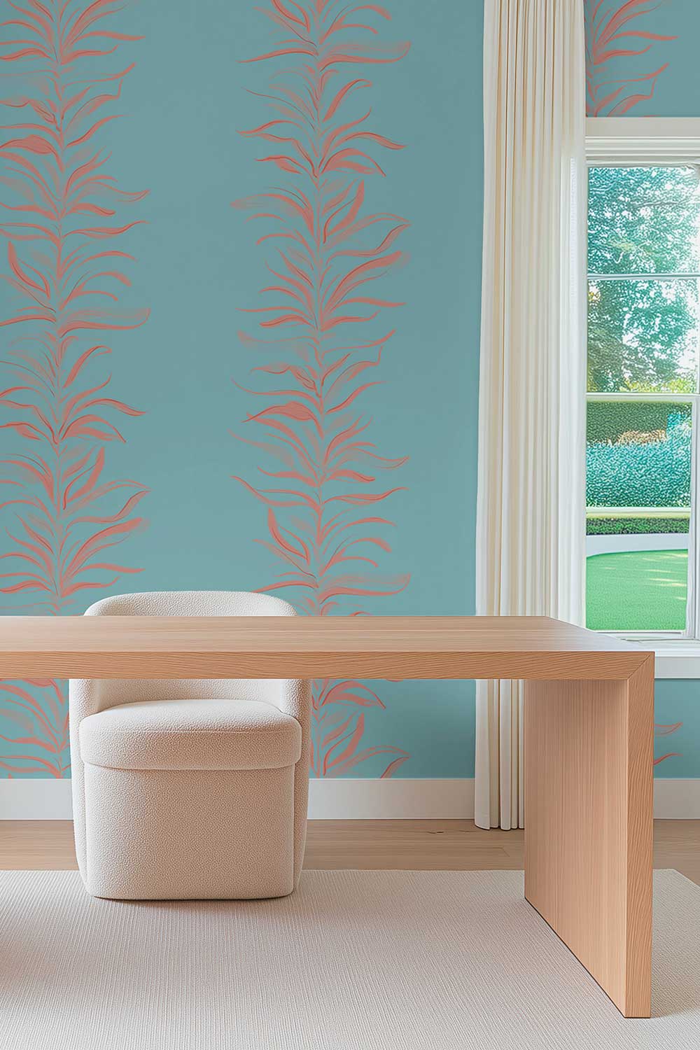 Hand-painted watercolor Paradiso Palm Leaf Stripe wallpaper featuring bright botanical palm leaf stripes on a bright seaglass blue background with pastel coral painted leaves.