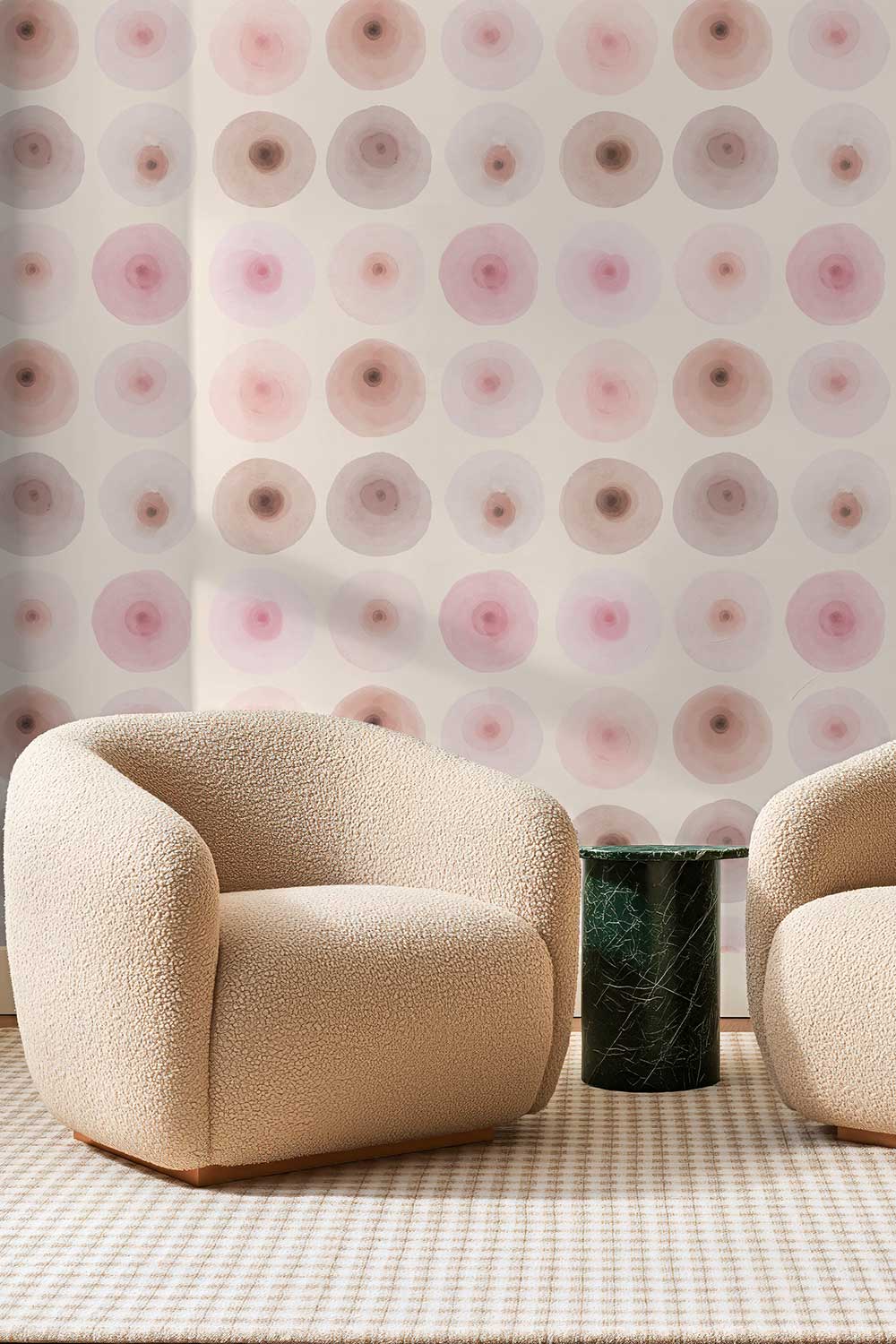 Boobs in Bloom removable peel and stick wallpaper featuring an inclusive watercolor pattern of breasts in soft blush, pink, cream and neutral skin tones.