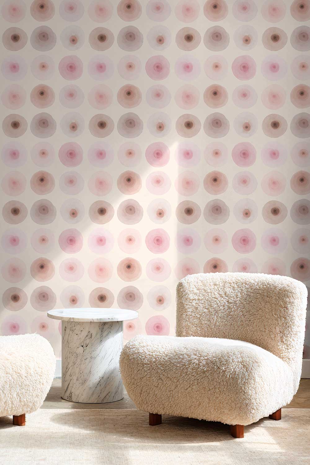 Boobs in Bloom removable peel and stick wallpaper featuring an inclusive watercolor pattern of breasts in soft blush, pink, cream and neutral skin tones, featured in this doctor's waiting room