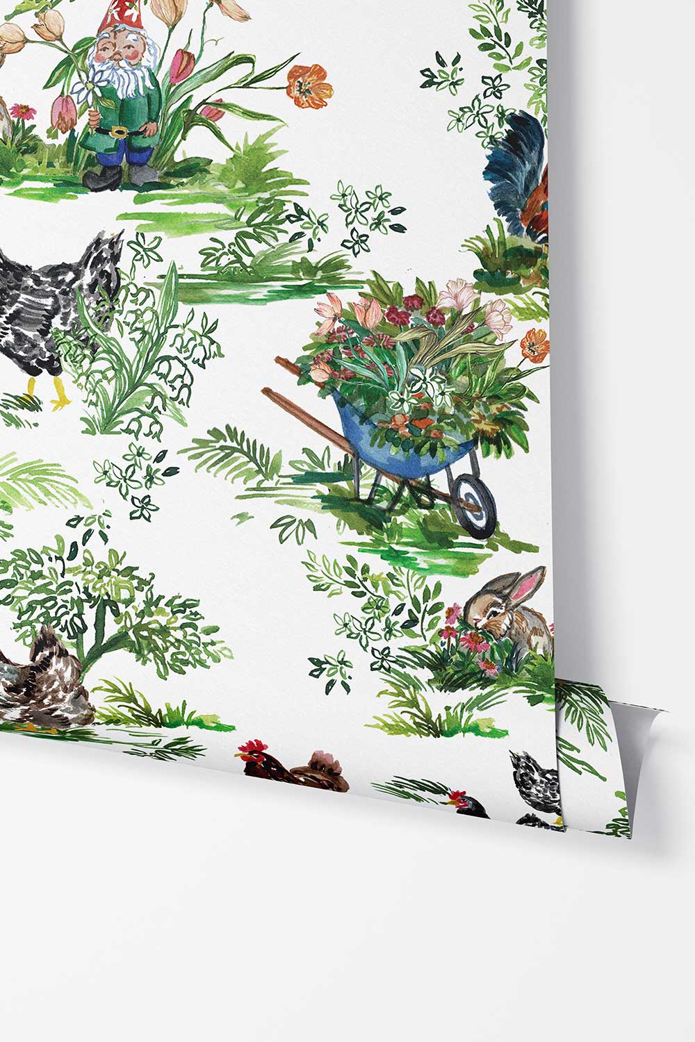 Cluckingham Farm Toile peel and stick wallpaper in Egg White featuring watercolor chickens, roosters, rabbits, garden gnomes, flowers and wheelbarrows.