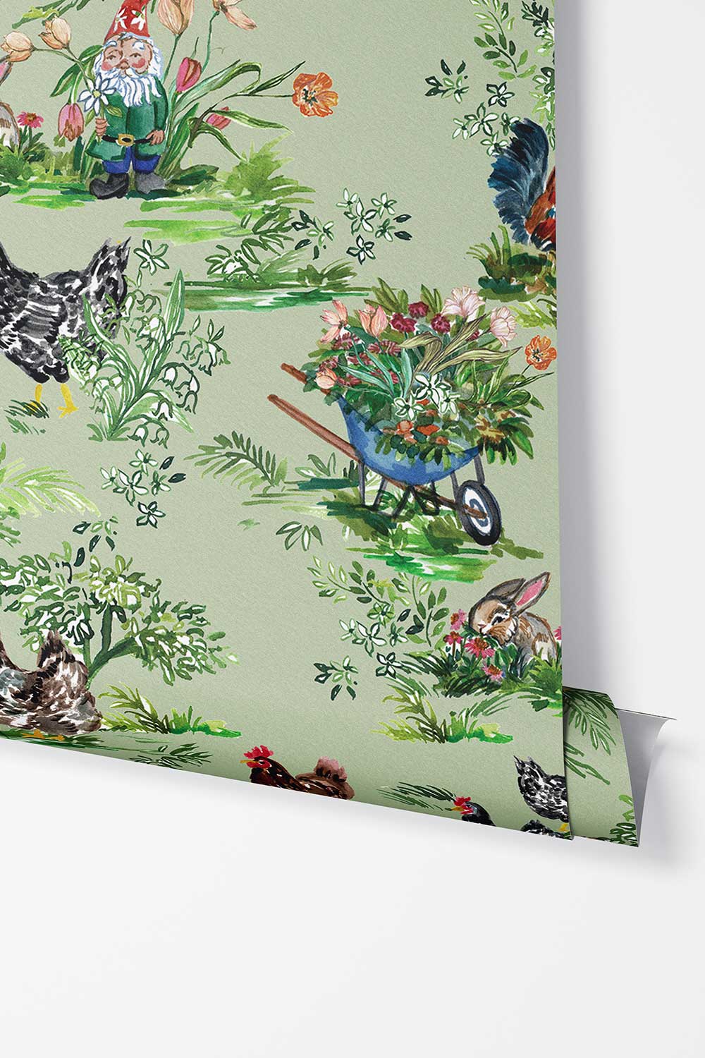 Cluckingham Farm Toile removable wallpaper in Green Grass featuring watercolor chickens, roosters, rabbits, garden flowers, mushrooms and whimsical gnomes.