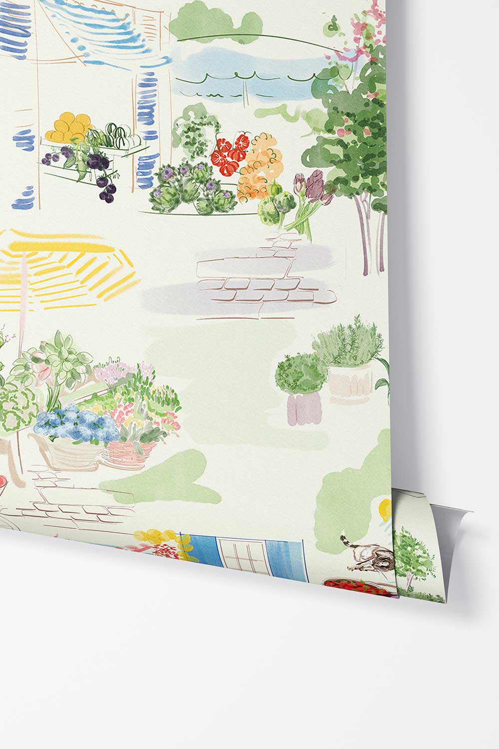 Farmer’s Market Toile peel and stick wallpaper in Morning Mint featuring a bicycle, flower stalls, fresh produce, potted herbs and a colorful French café.