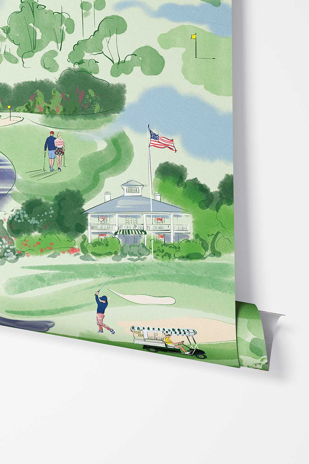 Golf Course Toile removable peel and stick wallpaper in Mulligan Moss featuring golfers, putting greens, fairways, golf carts, water hazards and a clubhouse.