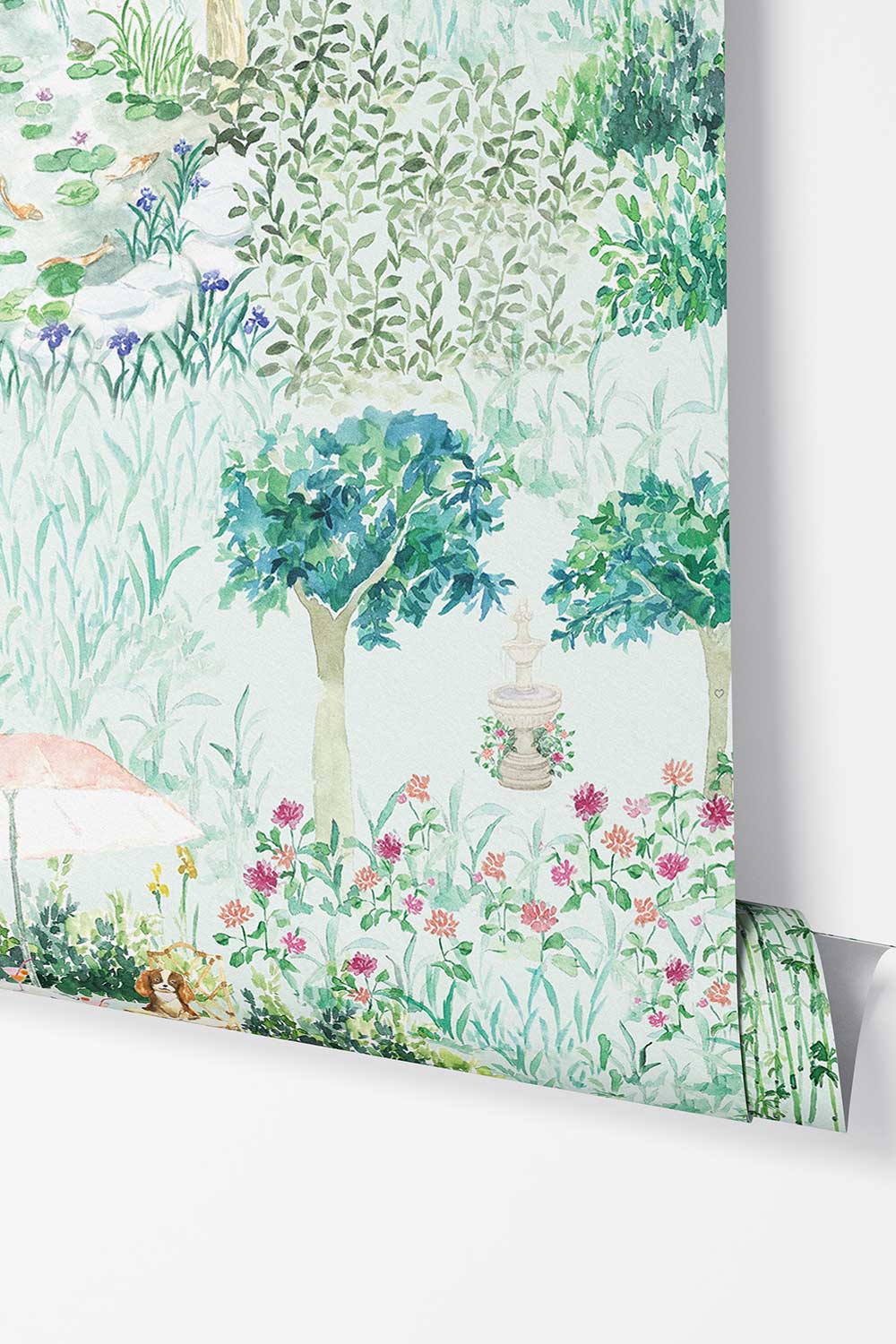 Mahjong Garden Toile peel and stick wallpaper in Trellis Green featuring a mahjong table, garden fountain, koi pond, flowers, bamboo and winding paths.