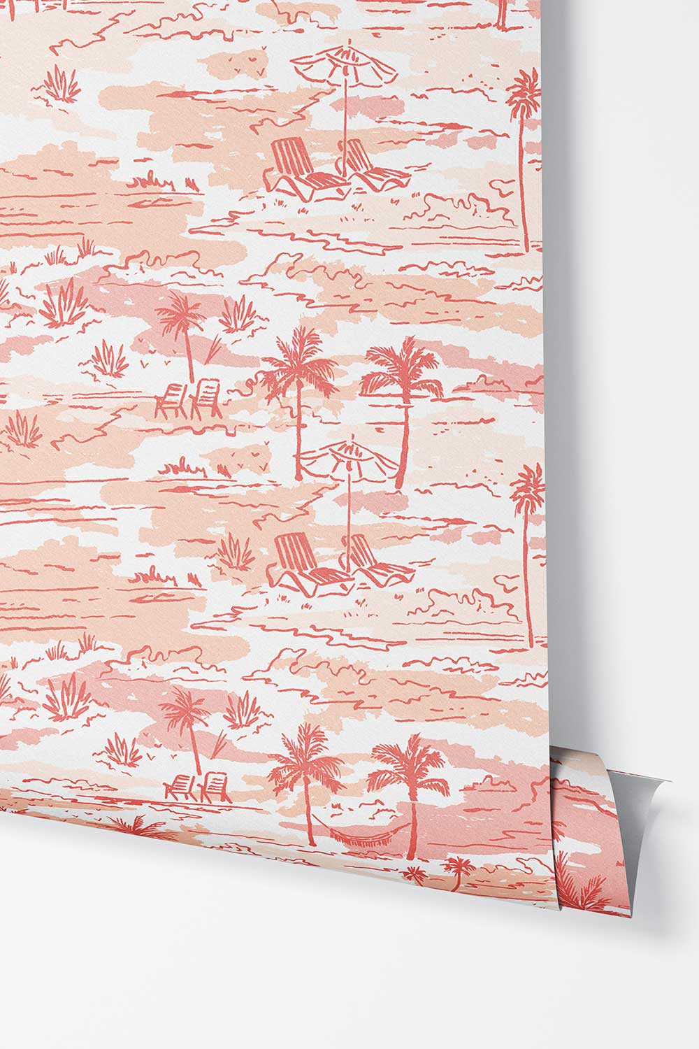 Seaside Soiree removable peel and stick wallpaper in Sunset Coral featuring watercolor palm trees, beach chairs, umbrellas, hammocks and tropical landscapes.
