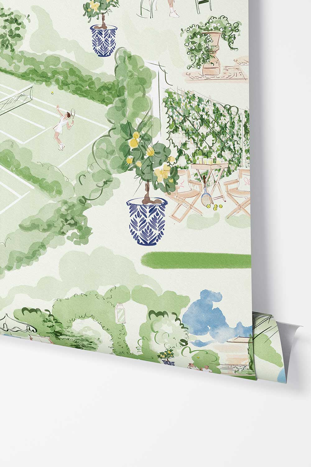 Tennis Club Toile removable peel and stick wallpaper featuring watercolor tennis players, green courts, racquets, a swimming pool and elegant clubhouse gardens.