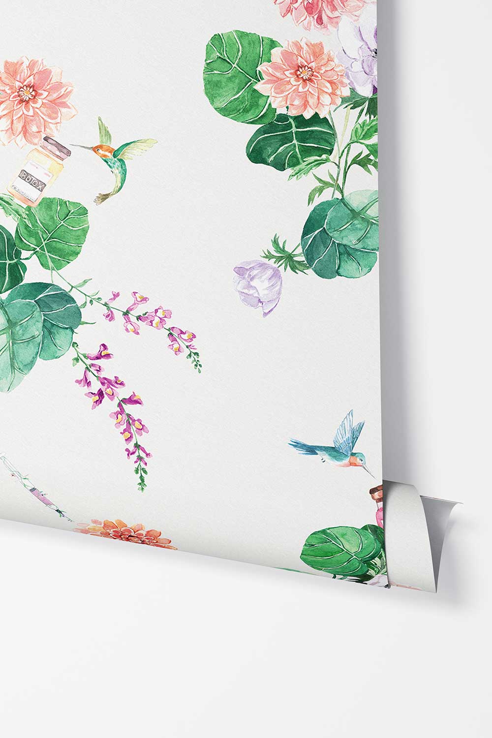 Walltox botanical peel and stick wallpaper featuring watercolor dahlias, anemones, tropical green leaves, hummingbirds, butterflies and playful Botox bottles.