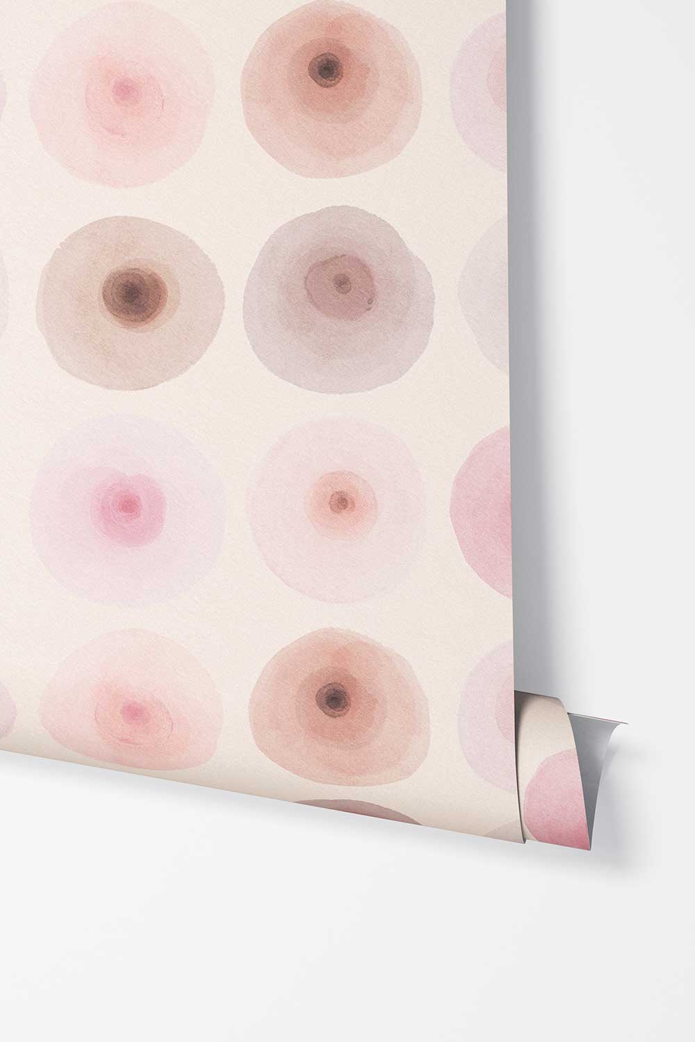 Boobs in Bloom removable peel and stick wallpaper featuring an inclusive watercolor pattern of breasts in soft blush, pink, cream and neutral skin tones.