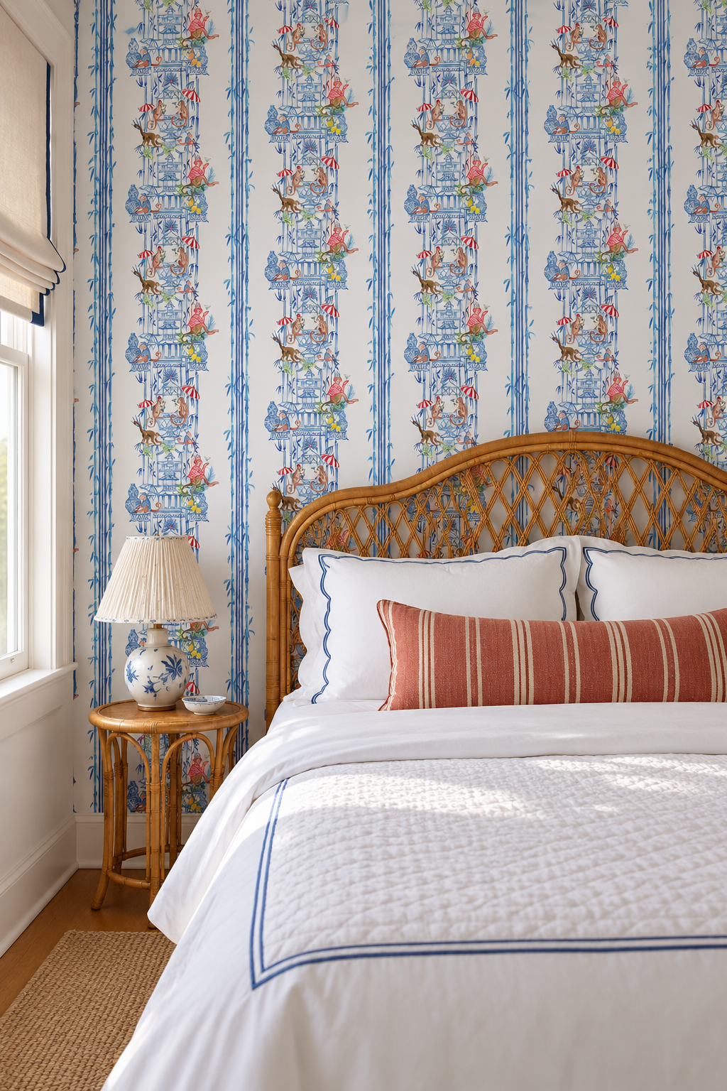 Chinoiserie Shenanigans peel and stick wallpaper in Azure Blue featuring playful monkeys, pagodas, bamboo, porcelain vases and red striped umbrellas featured in this interior designed luxurious master suite