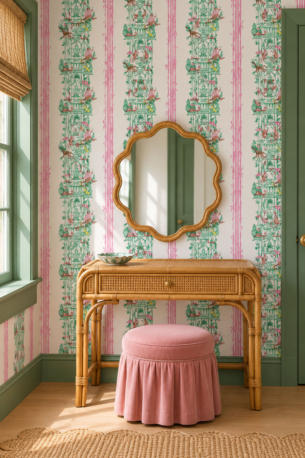 Chinoiserie Shenanigans removable peel and stick wallpaper in Bamboo Grove Green featuring playful monkeys, pagodas, porcelain vases and pink bamboo featured in this 