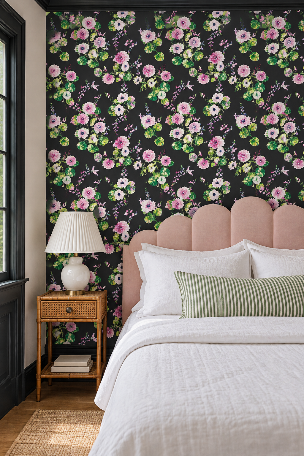 Chirp Society removable peel and stick wallpaper in Midnight Black featuring watercolor pink flowers, lush green leaves, hummingbirds and butterflies featured in this modern bedroom