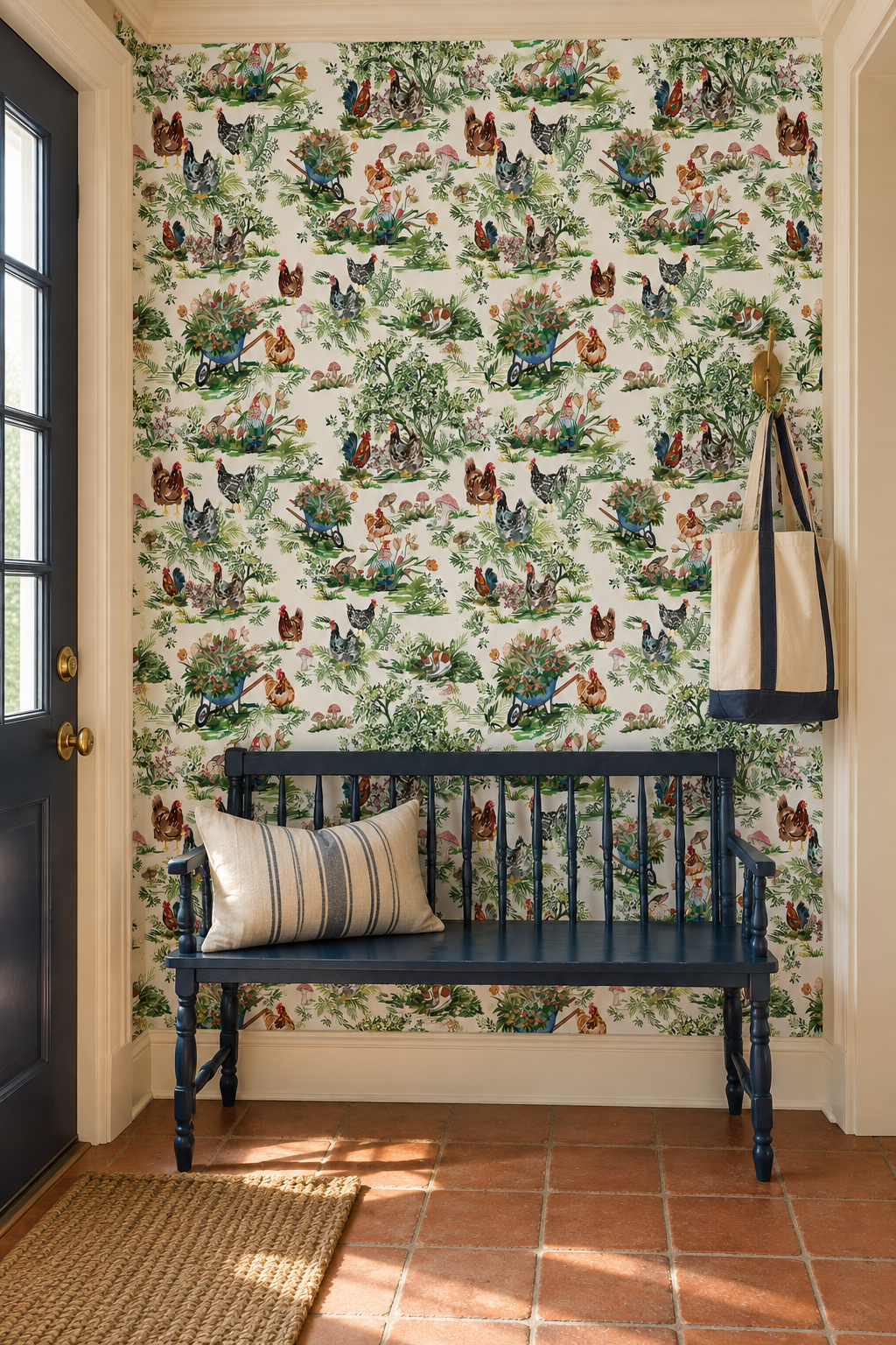 Cluckingham Farm Toile peel and stick wallpaper in Egg White featuring watercolor chickens, roosters, rabbits, garden gnomes, flowers and wheelbarrows featured in this cottage inspired entryway