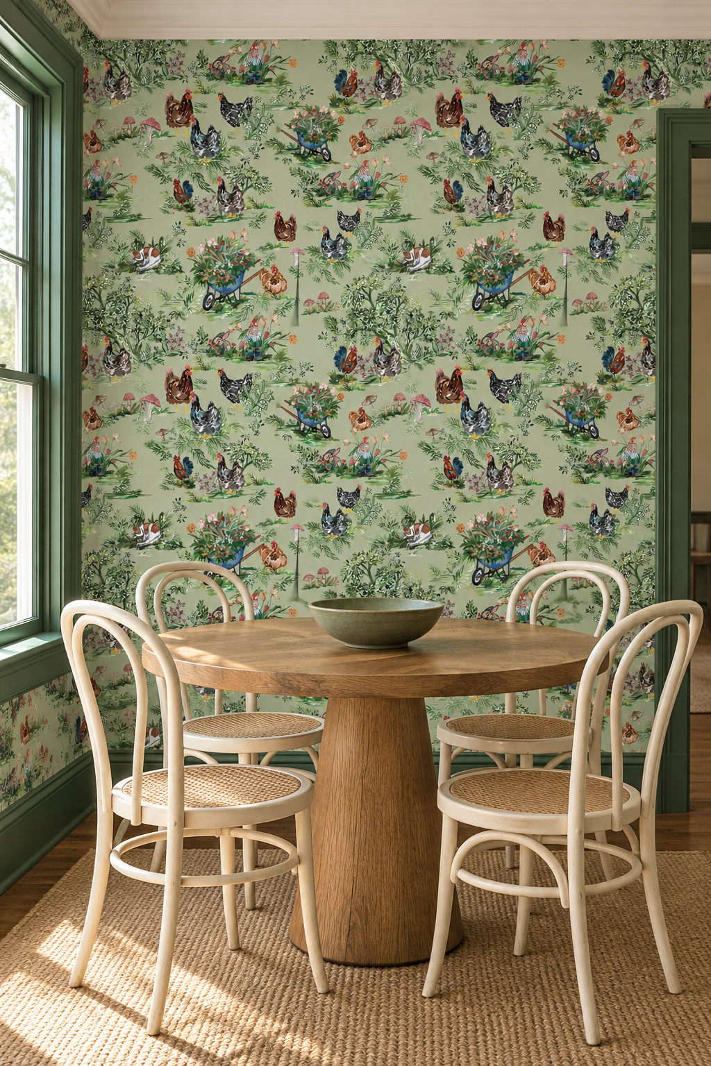 Cluckingham Farm Toile removable wallpaper in Green Grass featuring watercolor chickens, roosters, rabbits, garden flowers, mushrooms and whimsical gnomes featured in this cottage inspired kitchen