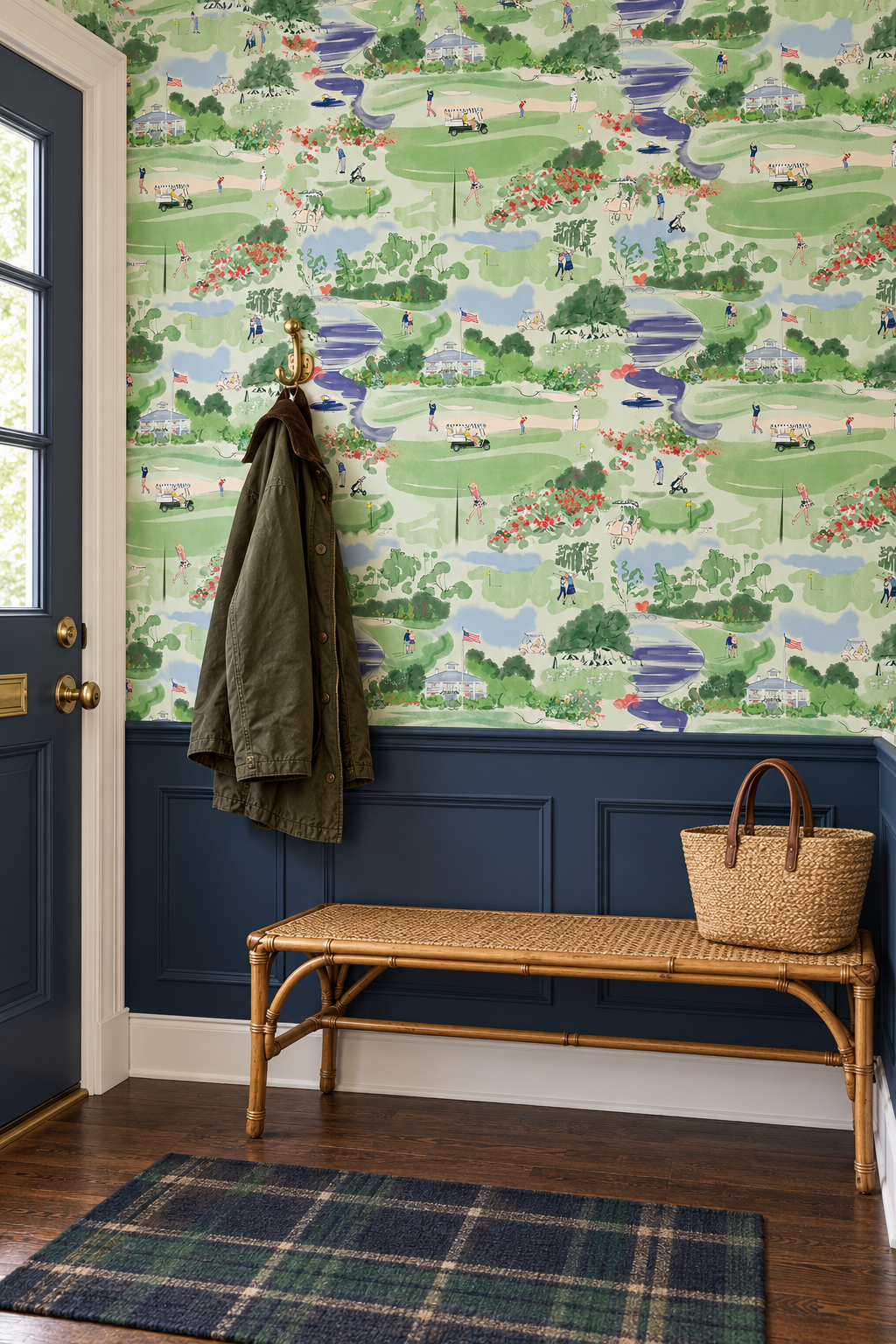 Golf Course Toile removable peel and stick wallpaper in Mulligan Moss featuring golfers, putting greens, fairways, golf carts, water hazards and a clubhouse featured in this preppy home entryway