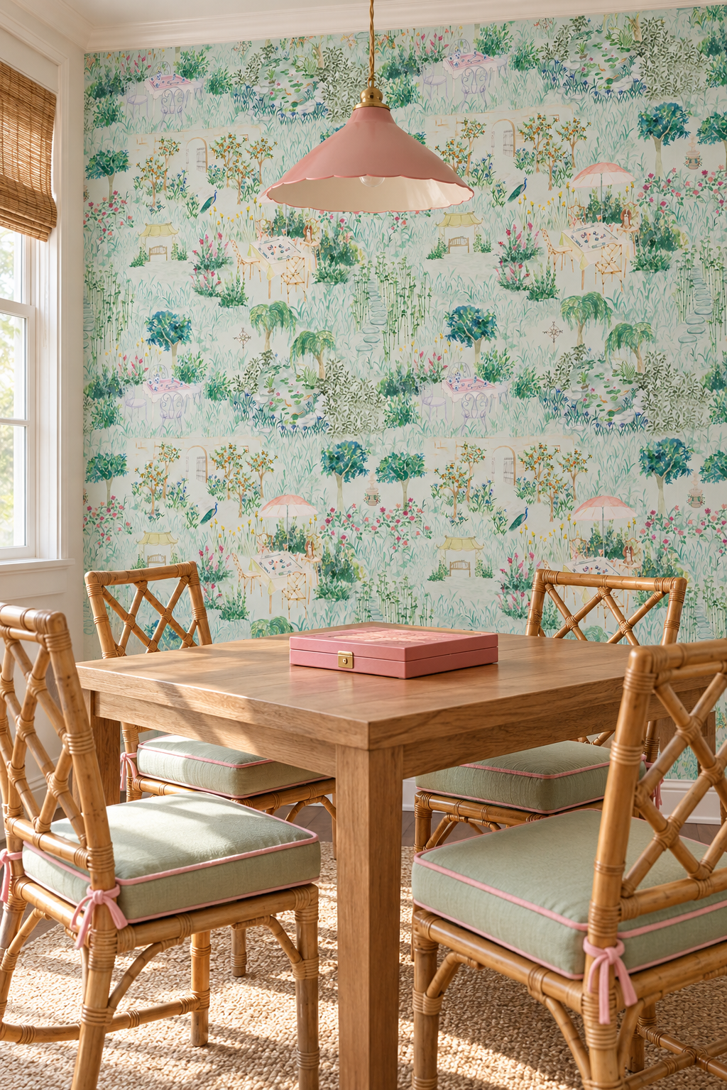 Mahjong Garden Toile peel and stick wallpaper in Trellis Green featuring a mahjong table, garden fountain, koi pond, flowers, bamboo and winding paths featured in this quaint game room/dining room