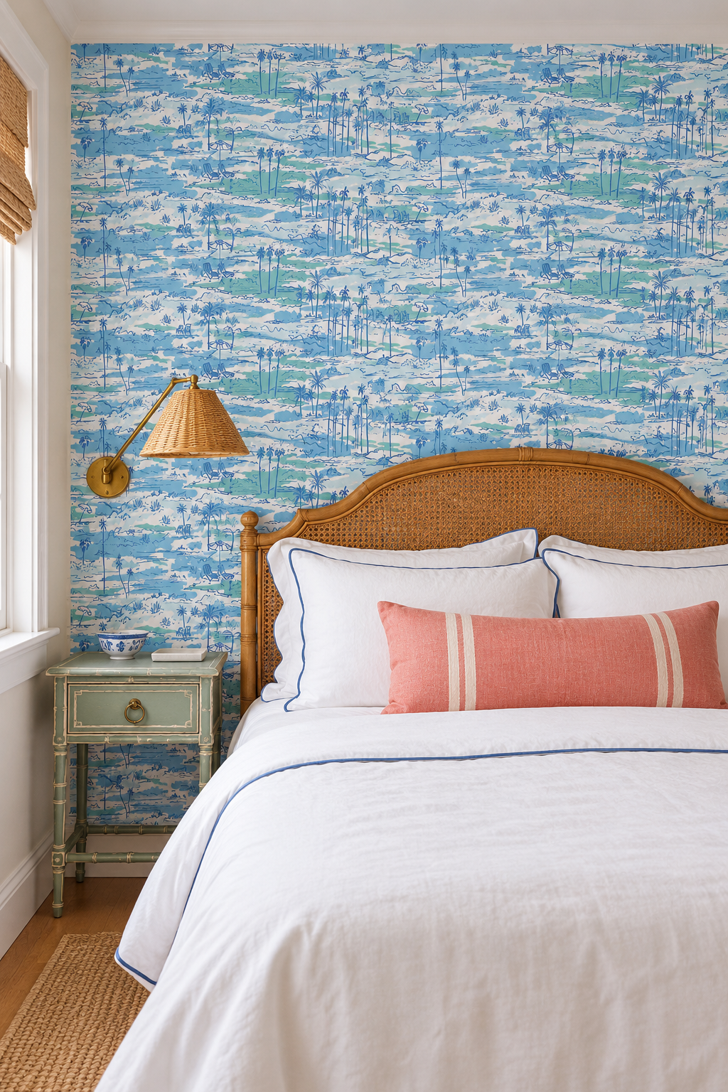 Seaside Soiree removable peel and stick wallpaper in Seaside Blue featuring watercolor palm trees, beach chairs, umbrellas, hammocks and tropical landscapes featured in this coastal bedroom