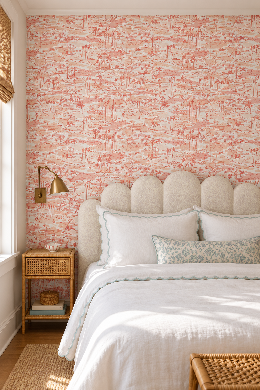 Seaside Soiree removable peel and stick wallpaper in Sunset Coral featuring watercolor palm trees, beach chairs, umbrellas, hammocks and tropical landscapes featured in this coastal bedroom