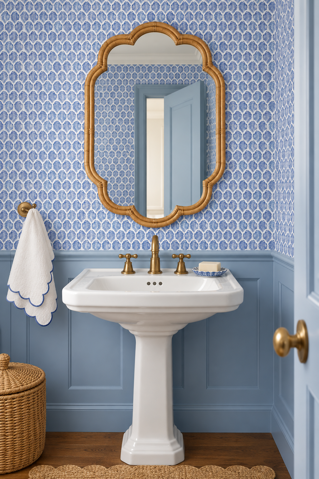 See Sells Sea Shells removable peel and stick wallpaper in Seaside Blue featuring rows of hand-painted blue and white watercolor oyster shells featured in this quaint coastal bathroom