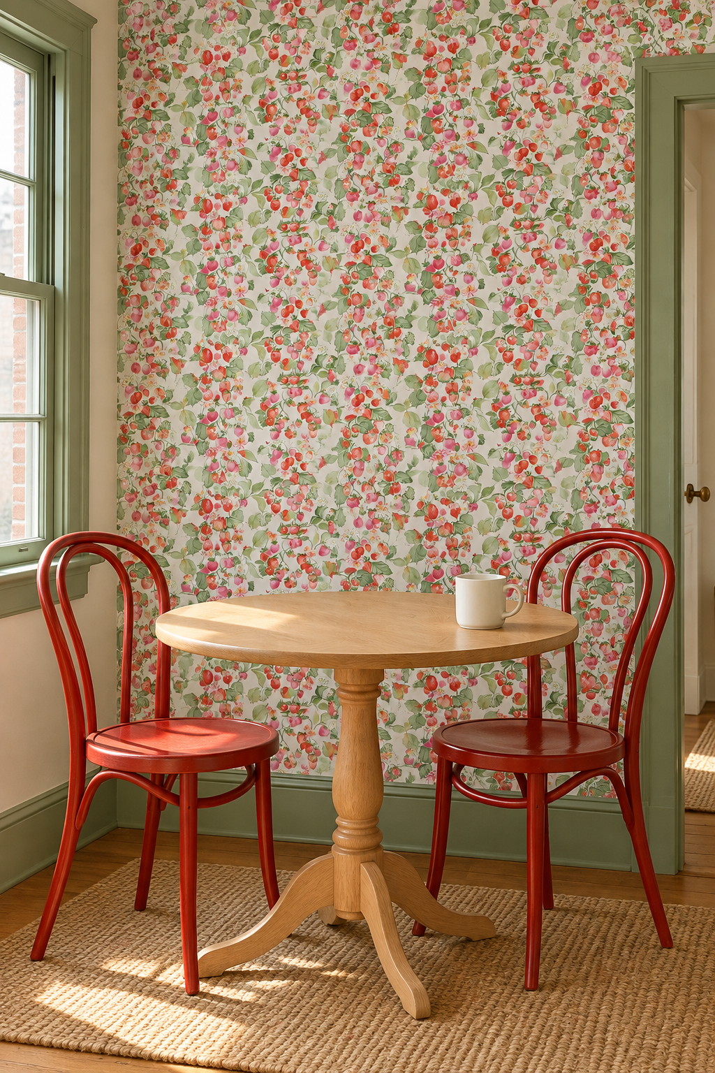 Strawberry Fields removable peel and stick wallpaper in Sun-Ripened Red featuring watercolor red and pink strawberries, blossoms, green leaves and tiny ladybugs featured in this dining room