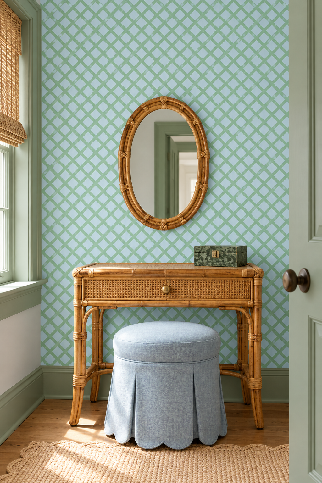 Tropicana Trellis removable peel and stick wallpaper in Cypress Garden featuring a geometric green bamboo lattice pattern on a soft light blue background.