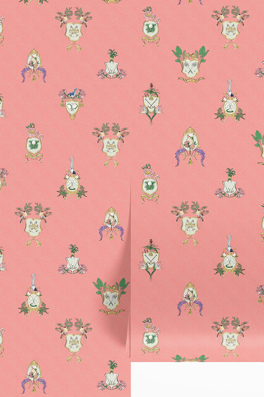 Country Club Crests traditional matte wallpaper with hand-painted tennis, golf and paddle crests, birds and florals on an bright coral background.