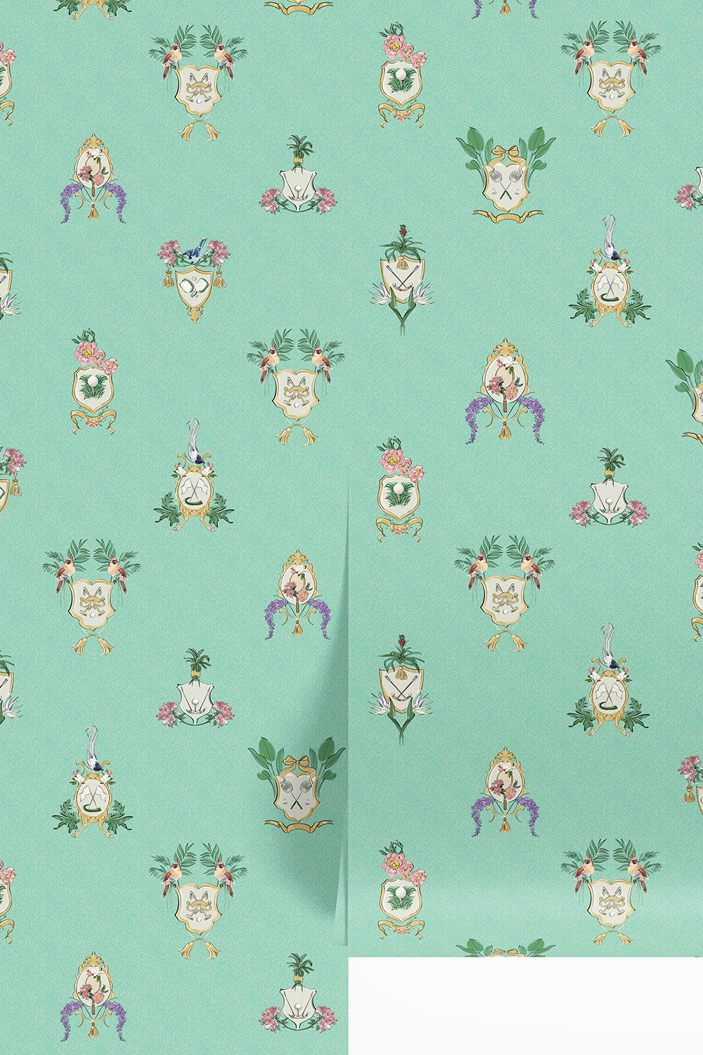 Country Club Crests traditional matte wallpaper with hand-painted tennis, golf and paddle crests, birds and florals on an bright aqua green background.