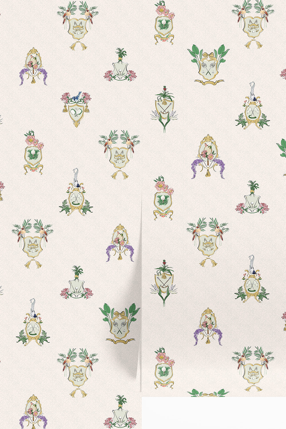 Country Club Crests traditional matte wallpaper with hand-painted tennis, golf and paddle crests, birds and florals on a neutral tan and white background.