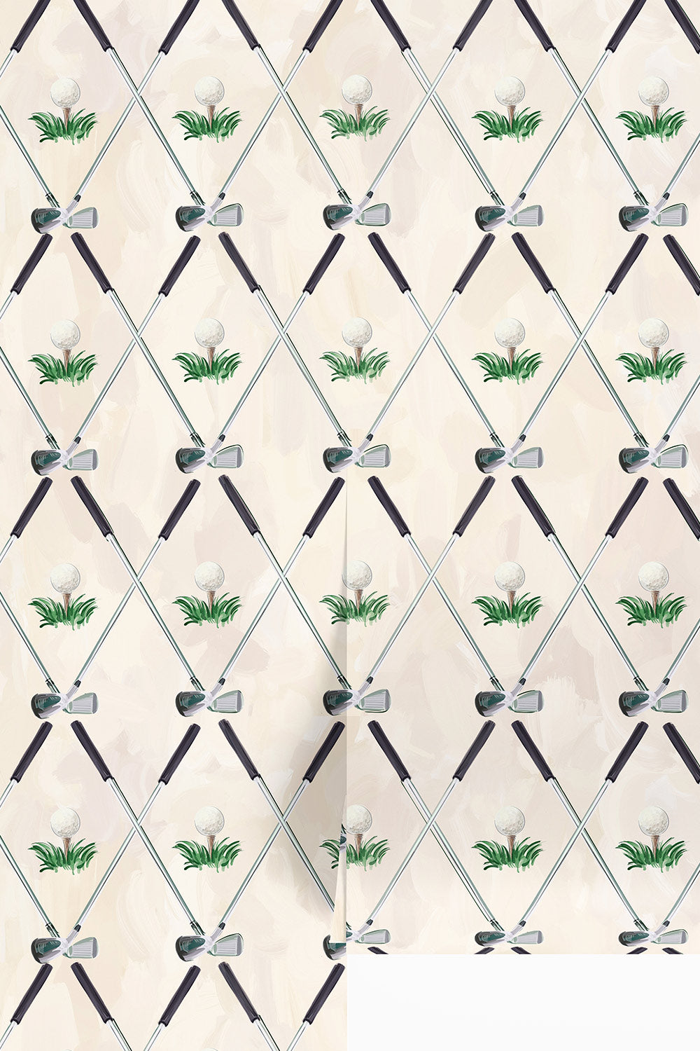 Preppy golf wallpaper featuring crossed golf clubs and watercolor golf balls on Clubhouse Cream
Watercolor golf club wallpaper with crossed clubs, golf balls and green grass on a cream background