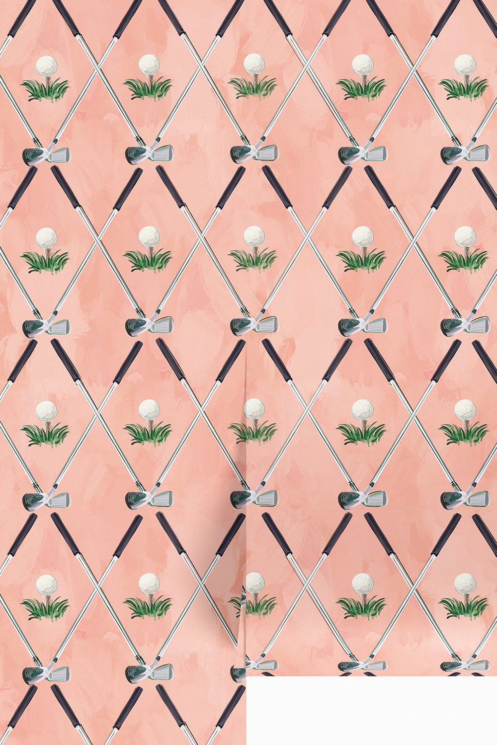 Preppy golf wallpaper featuring crossed golf clubs and watercolor golf balls on Coral Crush
Watercolor golf club wallpaper with crossed clubs, golf balls and green grass on a pink background