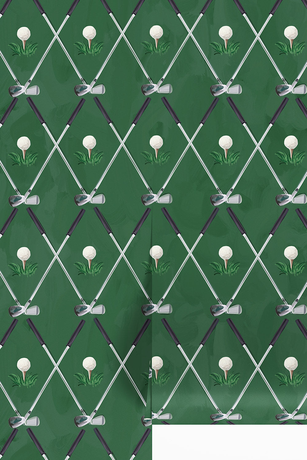 Preppy golf wallpaper featuring crossed golf clubs and watercolor golf balls on Fairway Green
Watercolor golf club wallpaper with crossed clubs, golf balls and green grass on a pink background