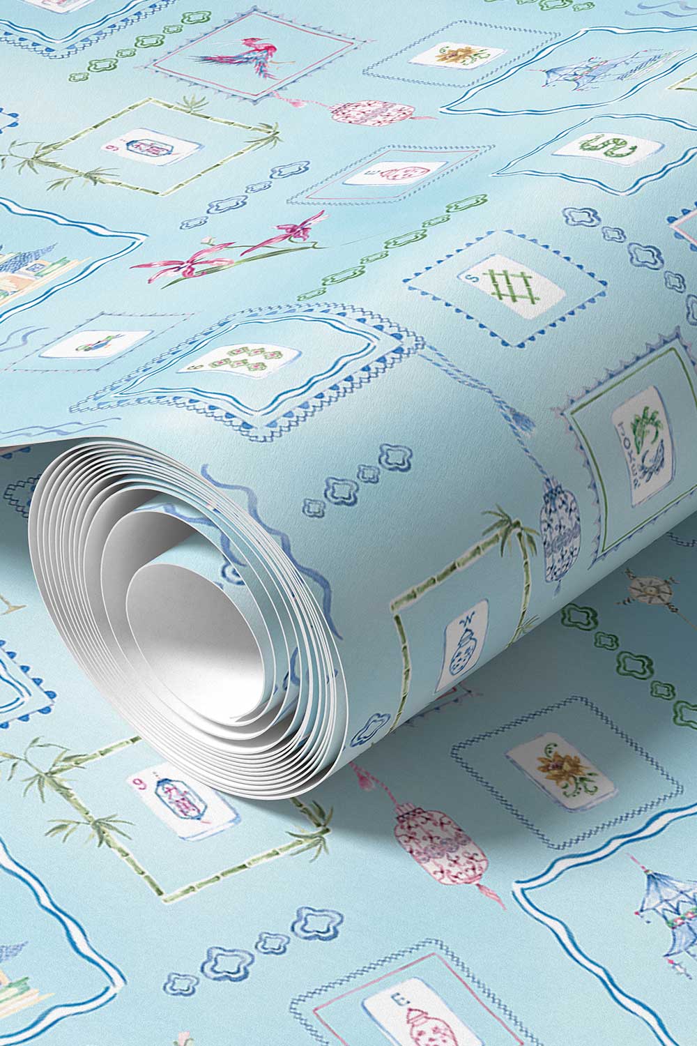 Washable performance vinyl Mahjong Tiles wallpaper with hand-painted chinoiserie details, perfect for powder rooms, bathrooms, game rooms, and clubs.