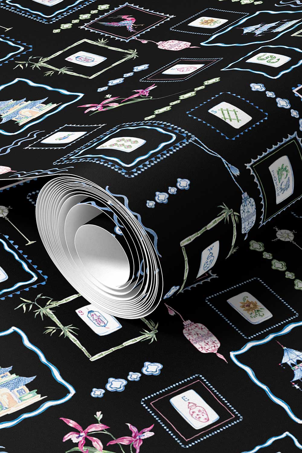 Washable performance vinyl Mahjong Tiles wallpaper with hand-painted chinoiserie details, perfect for powder rooms, bathrooms, game rooms, and clubs.
