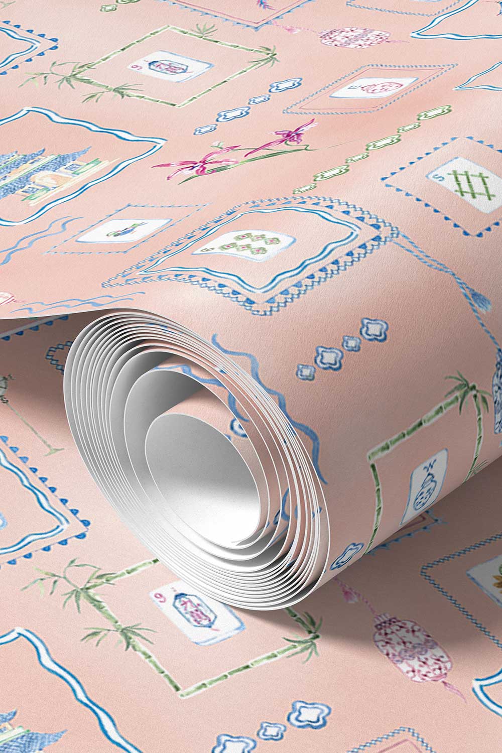 Washable performance vinyl Mahjong Tiles wallpaper with hand-painted chinoiserie details, perfect for powder rooms, bathrooms, game rooms, and clubs.