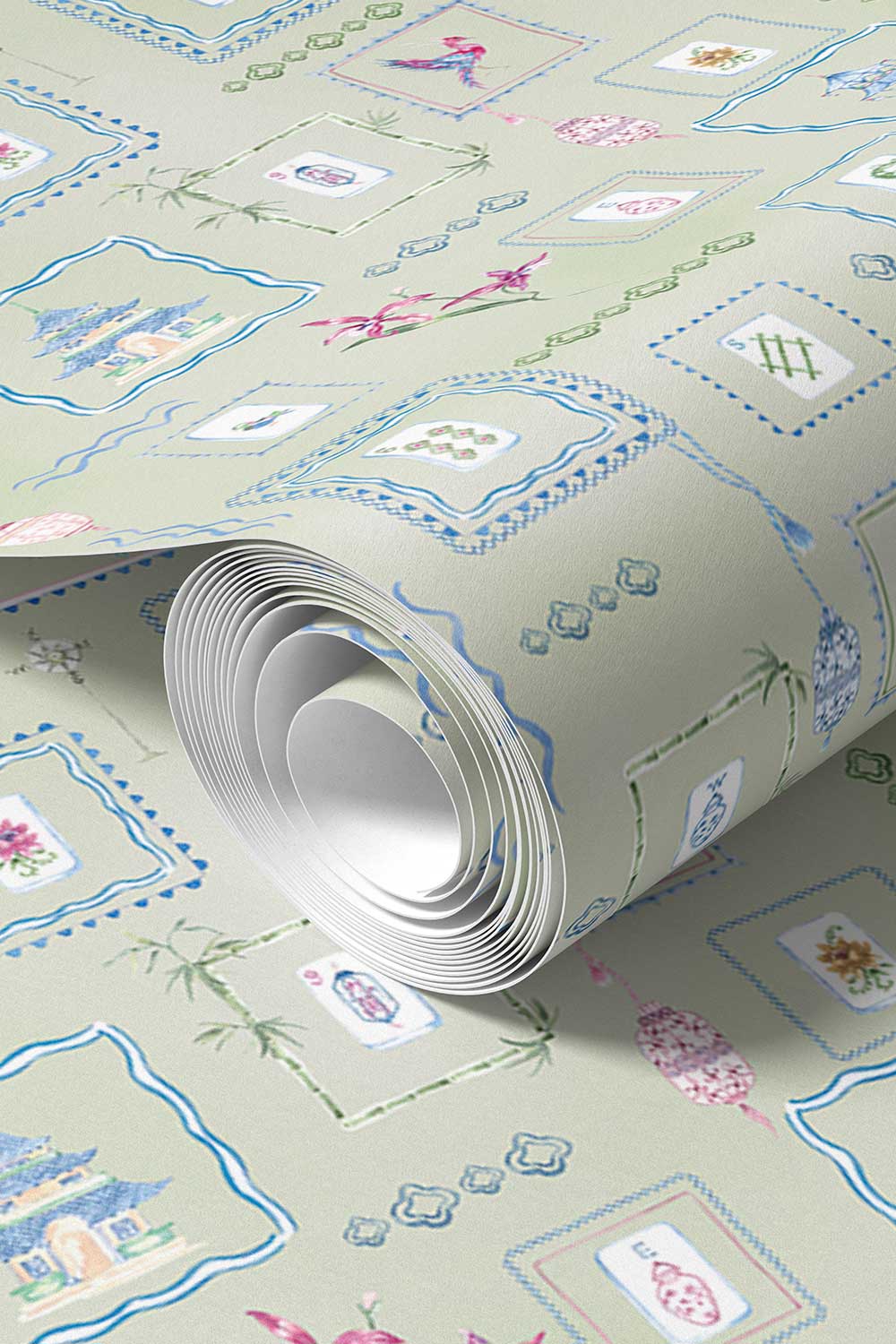Washable performance vinyl Mahjong Tiles wallpaper with hand-painted chinoiserie details, perfect for powder rooms, bathrooms, game rooms, and clubs.