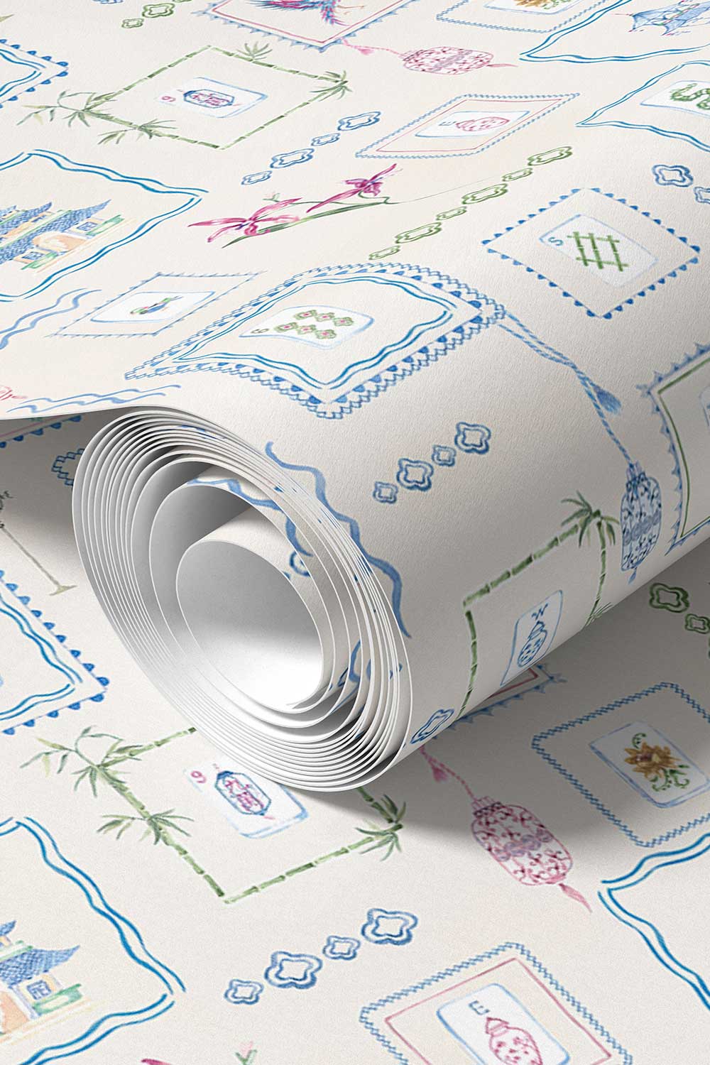 Washable performance vinyl Mahjong Tiles wallpaper with hand-painted chinoiserie details, perfect for powder rooms, bathrooms, game rooms, and clubs.