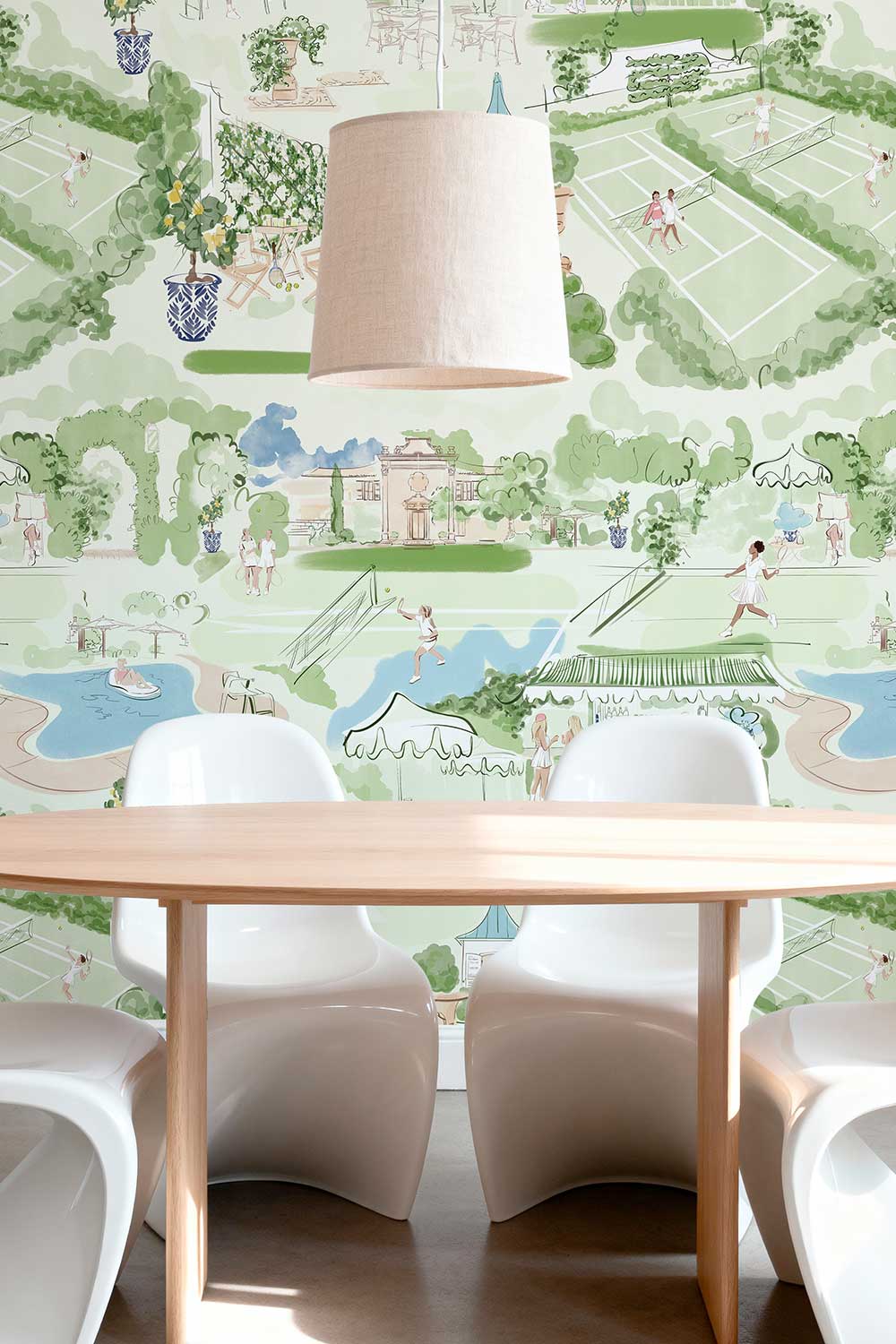 Tennis Club Toile removable peel and stick wallpaper featuring watercolor tennis players, green courts, racquets, a swimming pool and elegant clubhouse gardens.
