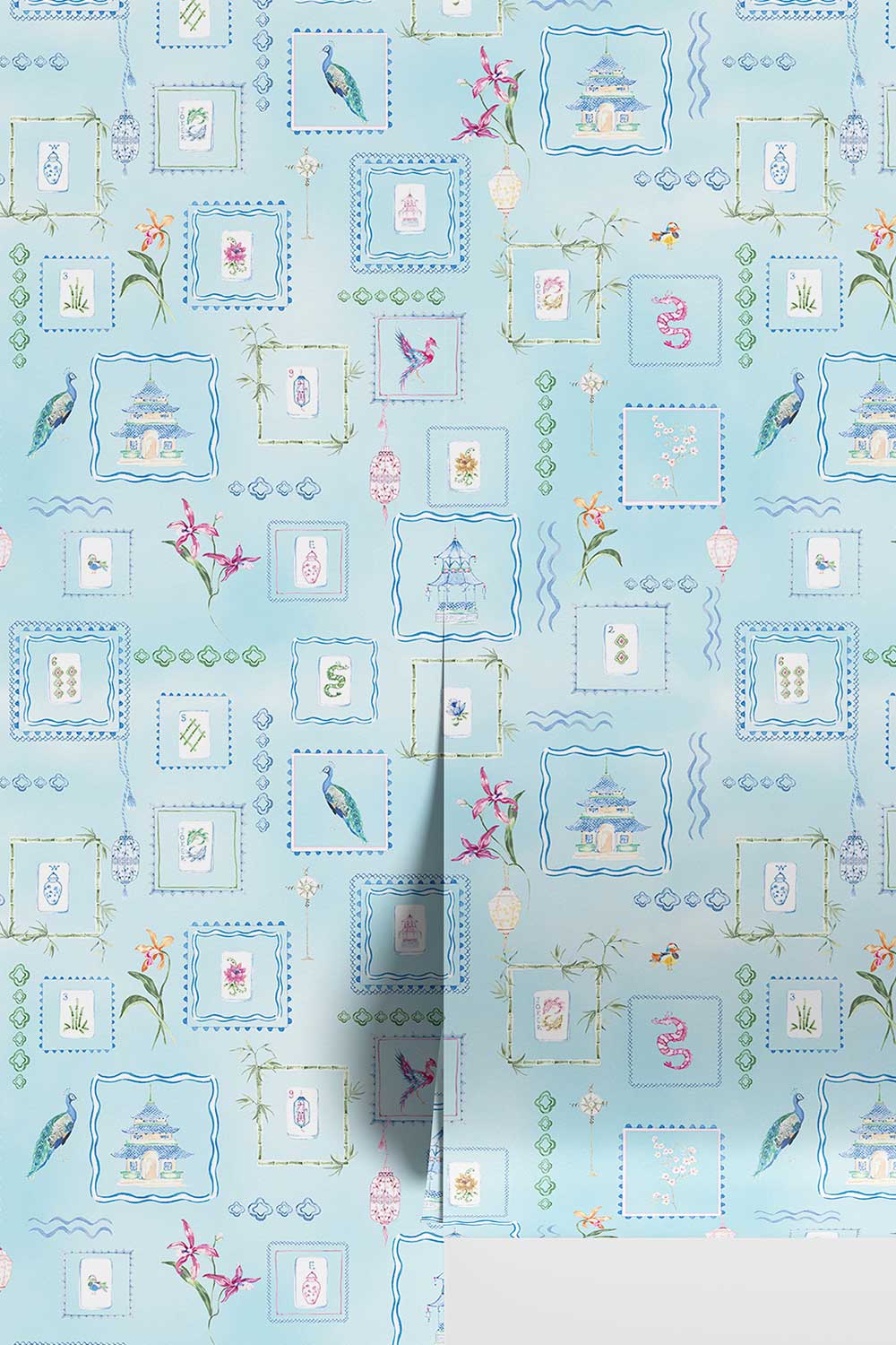 Soft blue Mahjong Tiles traditional matte wallpaper featuring hand-painted pastel watercolor mahjong tiles, pagodas, bamboo, ginger jars, birds, lanterns, and floral chinoiserie details.