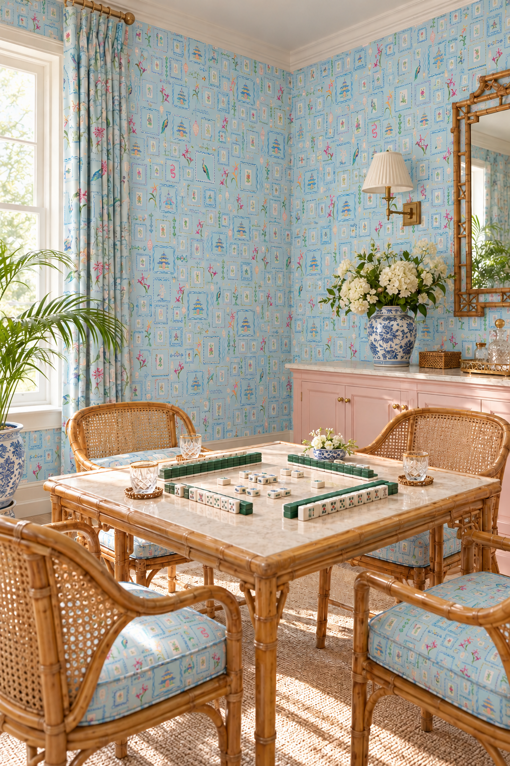 Mahjong game room featuring Hand-painted watercolor Mahjong Tiles wallpaper featuring mahjong tiles, pagodas, bamboo, birds, ginger jars, lanterns, and chinoiserie artwork on a soft blue background printed on an all-natural and eco-friendly grasscloth wall-covering.