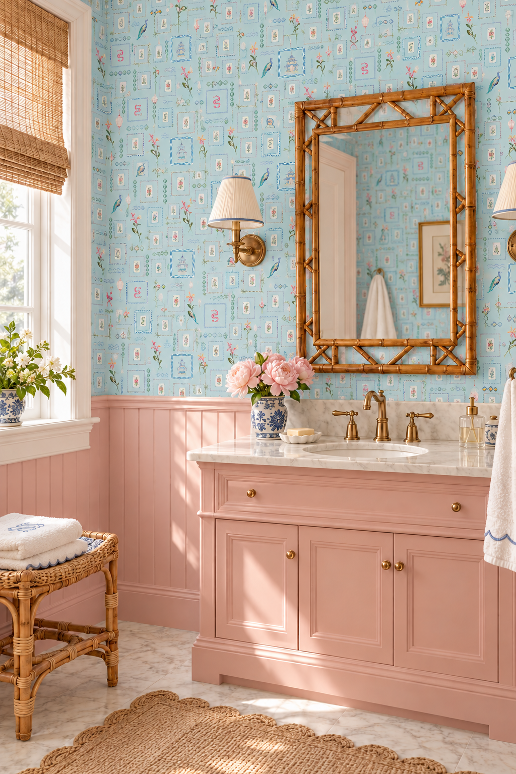 A bathroom scene featuring light blue wallpaper with a delicate vintage floral and architectural pattern, a white freestanding bathtub, a small wooden stool with a rolled white towel, and a large green potted plant. Washable performance vinyl Mahjong Tiles wallpaper with hand-painted chinoiserie details, perfect for powder rooms, bathrooms, game rooms, and clubs.