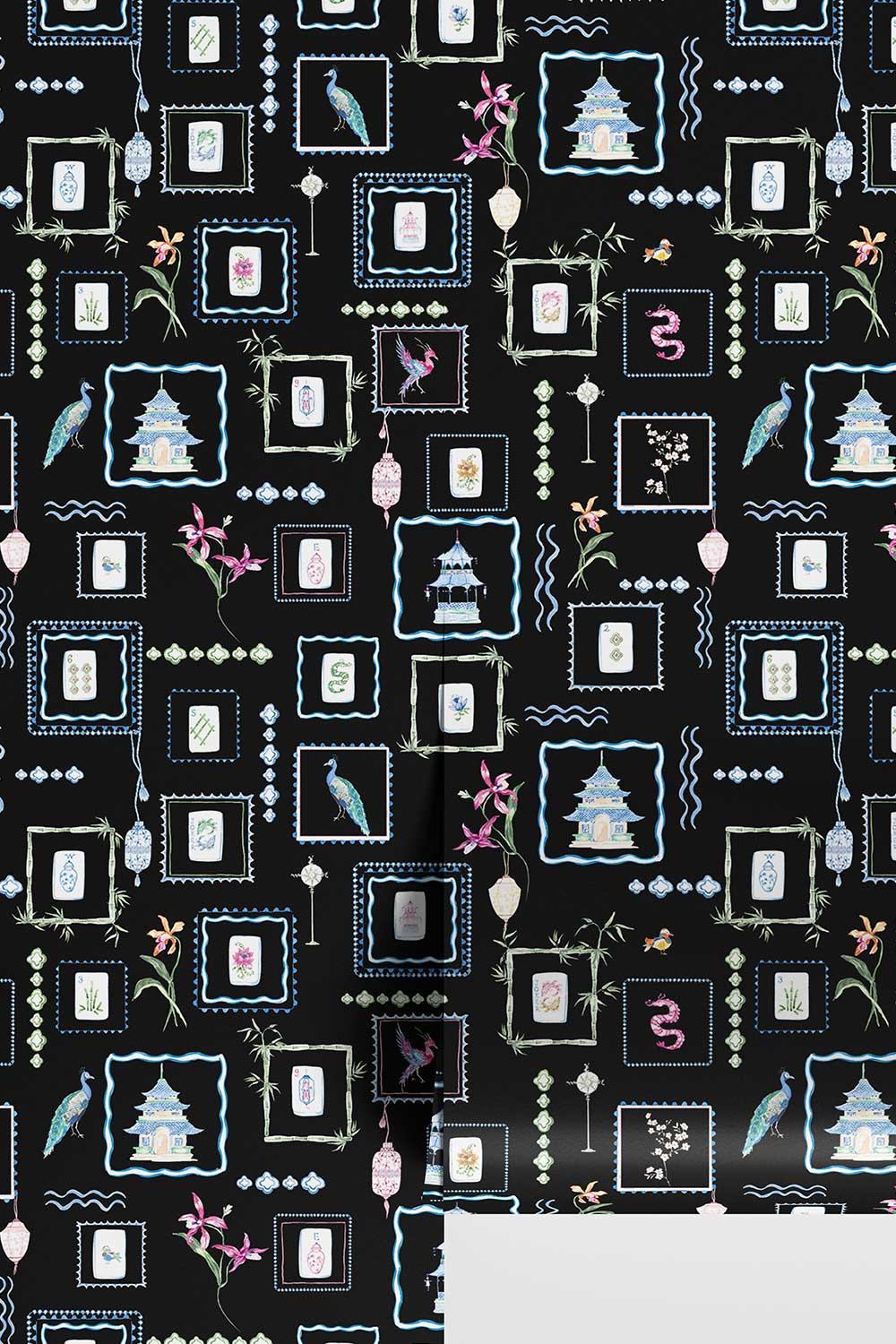 Black Mahjong Tiles traditional matte wallpaper featuring hand-painted pastel watercolor mahjong tiles, pagodas, bamboo, ginger jars, birds, lanterns, and floral chinoiserie details.