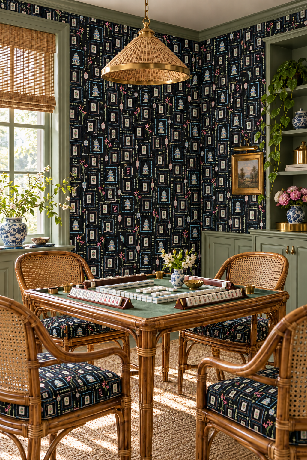 Mahjong game room featuring Hand-painted watercolor Mahjong Tiles wallpaper featuring mahjong tiles, pagodas, bamboo, birds, ginger jars, lanterns, and chinoiserie artwork on a rich black background printed on an all-natural and eco-friendly grasscloth wall-covering.