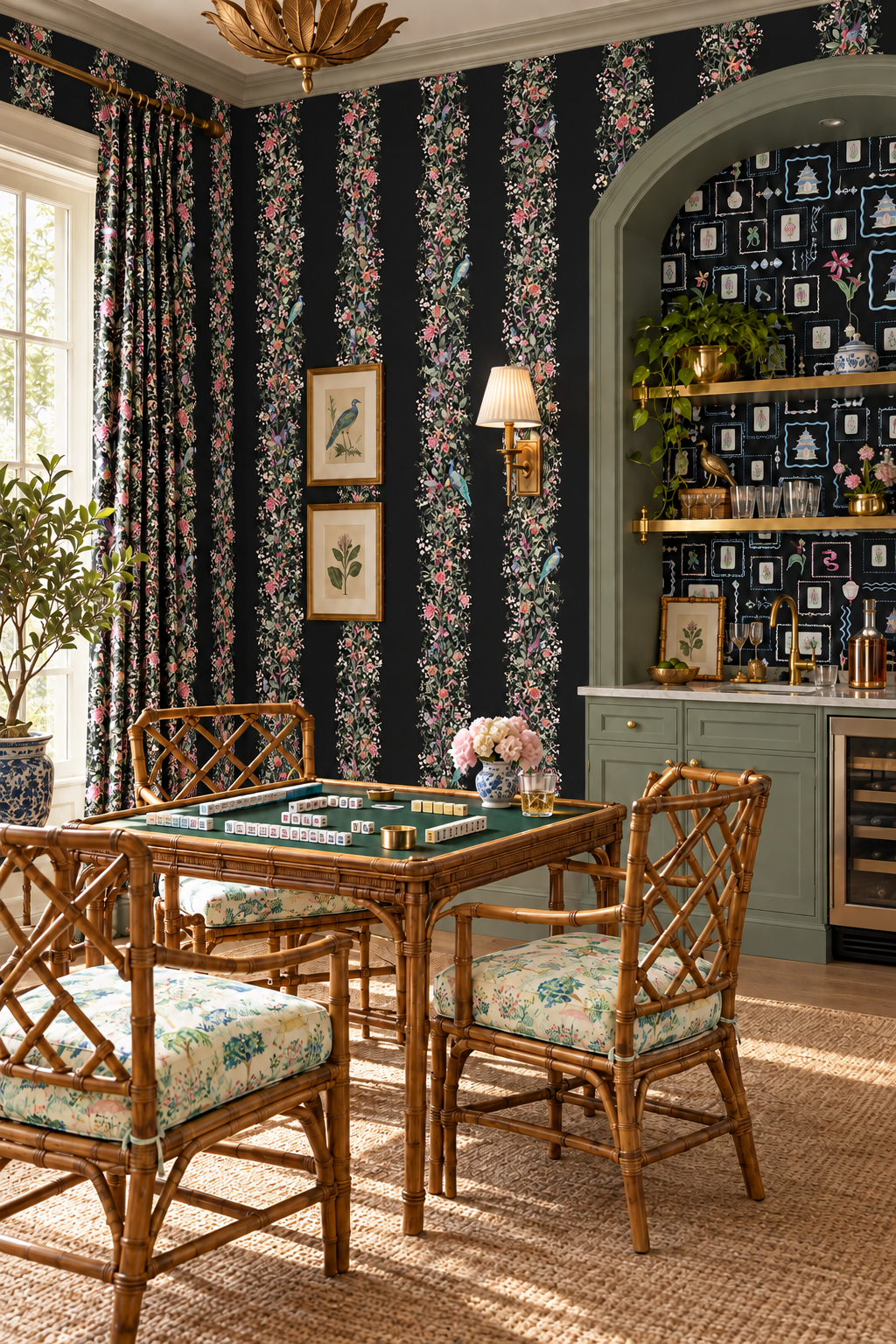 Dramatic and bold gameroom in traditional house featuring Hand-painted Mahjong Garden Stripe wallpaper featuring watercolor chinoiserie florals, peacocks, birds, bamboo, and botanical stripes on a rich black background