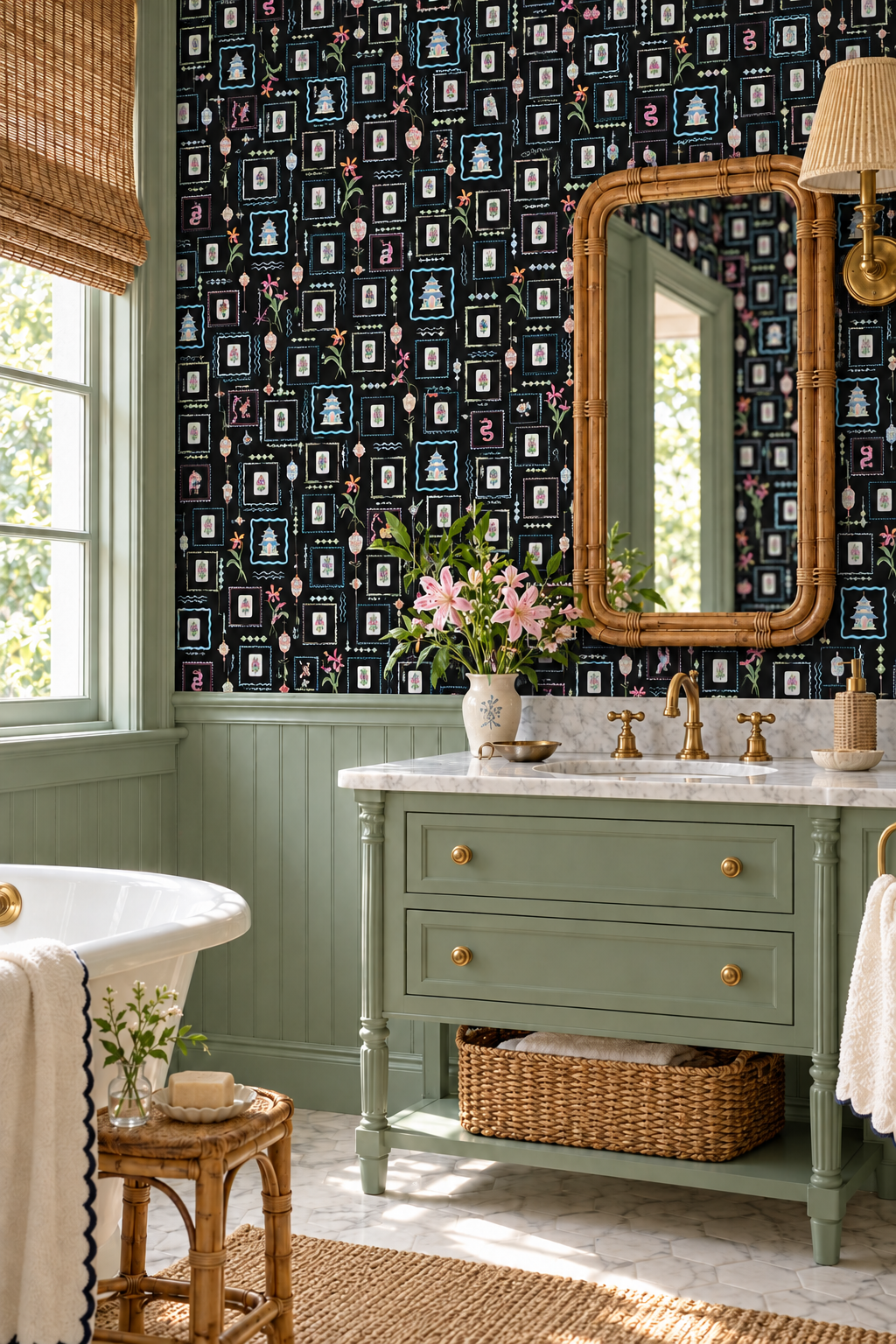 Washable performance vinyl Mahjong Tiles wallpaper with hand-painted chinoiserie details, perfect for powder rooms, bathrooms, game rooms, and clubs.