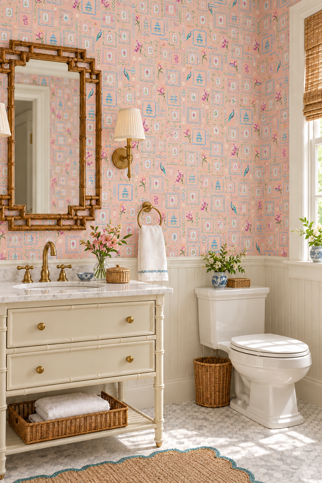 Washable performance vinyl Mahjong Tiles wallpaper with hand-painted chinoiserie details, perfect for powder rooms, bathrooms, game rooms, and clubs.